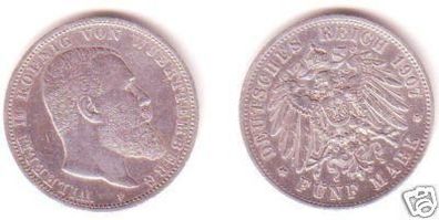 5 Mark Silber Münze Württemberg König Wilhelm II 1907
