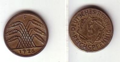 5 Pfennig Messingmünze Deutsches Reich 1926 F Jäger 319
