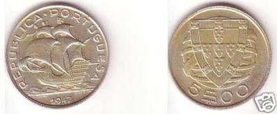 5,00 Escudos Silber Münze Portugal 1947