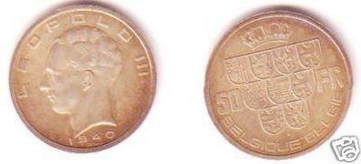 50 Franc Silber Münze Belgien 1940 Leopold III.