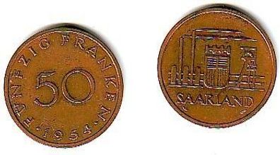 50 Franken Messing Münze Saarland 1954