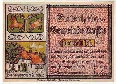 50 Pfennig Banknote Notgeld Gemeinde Erfde um 1920