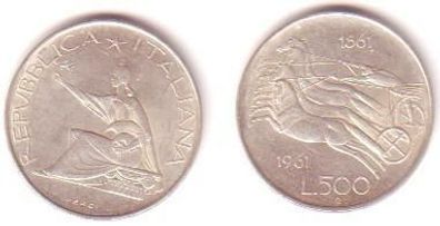 500 Lire Silber Münze Italien 1961 R Pferdegespann