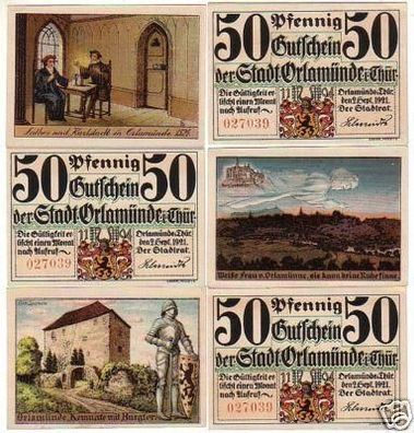 6 Banknoten Notgeld der Stadt Orlamünde 1921