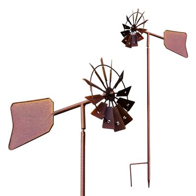 Garten Rost Windrad mit Windfahne - 120 cm - Windspiel Windmühle Beet Stecker