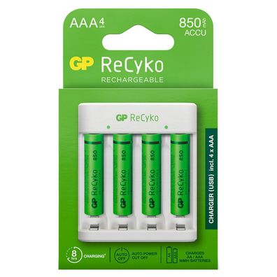 GP USB Akku-Ladegerät AA / AAA + 4x AAA-Akku ReCyko 800mAh Micro LR03 Batterie