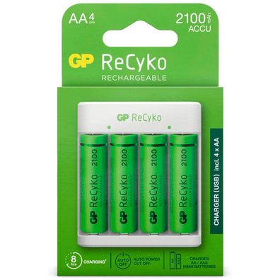 GP USB Akku-Ladegerät AA / AAA + 4x AA-Akku ReCyko 2100mAh Mignon LR06 Batterie