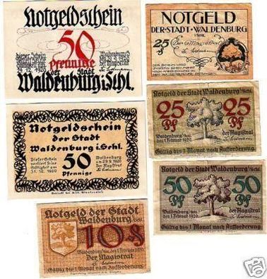6 Banknoten Notgeld Stadt Waldenburg in Schlesien 1920
