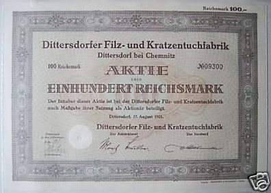 Aktie Filz-/ Kratzentuchfabrik Dittersdorf 1931 (Mü0596)