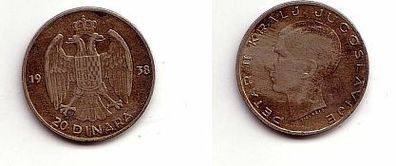 alte 20 Dinar Silber Münze Jugoslawien 1938