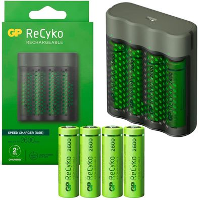 GP USB Akku-Ladegerät AA / AAA + 4 AA-Akku 2600mAh Mignon Batterie Schnell-Lader