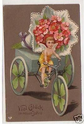 17059 Präge Neujahrs Ak Engel fährt Blumen Dreirad 1911