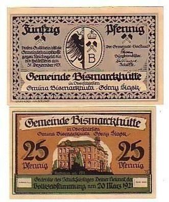 2 Banknoten Notgeld Gemeinde Bismarckhütte O. Schl. 1921