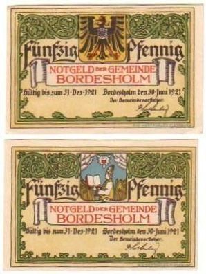 2 Banknoten Notgeld Gemeinde Bordeholm 1921