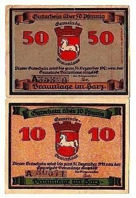 2 Banknoten Notgeld Gemeinde Braunlage in Harz 1921