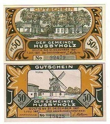 2 Banknoten Notgeld Gemeinde Husbyholz 1921