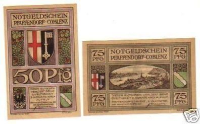 2 Banknoten Notgeld Stadt Pfaffendorf Coblenz 1921