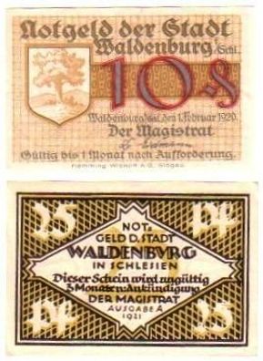 2 Banknoten Notgeld Stadt Waldenburg in Schlesien 1920