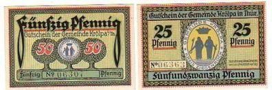 2 kassenfrische Banknoten Notgeld Gemeinde Krölpa 1921