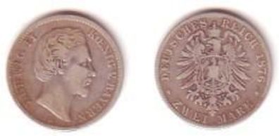 2 Mark Silber Münze 1876 Bayern König Ludwig II.