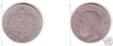 2 Mark Silber Münze Baden Großherzog Friedrich 1876