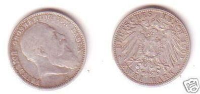 2 Mark Silber Münze Baden Großherzog Friedrich 1905
