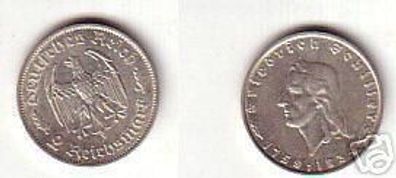 2 Mark Silber Münze Friedrich von Schiller 1934