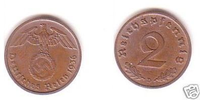 2 Pfennig Kupfer Münze Deutsches Reich 1936 D Jäger 362