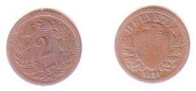 2 Rappen Kupfer Münze Schweiz 1851 A