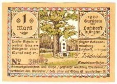 1 Mark Banknote Notgeld Lutzhoeft in Angeln 1920
