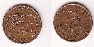 1 Penny Bank of Upper Canada Token Kupfer Münze 1857