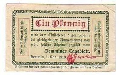 1 Pfennig Banknote Notgeld Demminer Tageblatt 1918