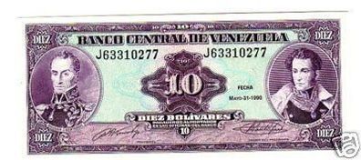 10 Bolivares Banknote Venezuela 1990 kassenfrisch