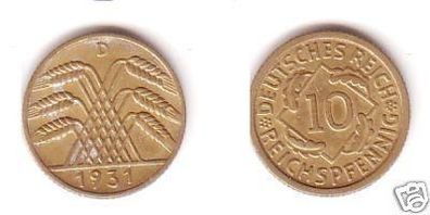 10 Pfennig Messingmünze Deutsches Reich 1931D Jäger 317