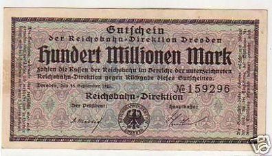 100 Millionen Banknote Inflation Reichsbahn Dresden 1923