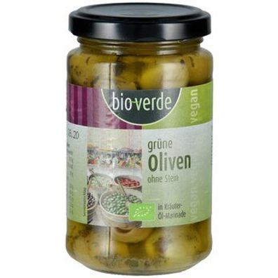 bio-verde Grüne Oliven ohne Stein mit frischen Kräutern in Öl-Marinade 200 g 200g