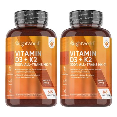 Vitamin D3 K2 2000 IE - 2 Jahr Vorrat - 365 Tabletten mit Vit K2 - 2 Flaschen