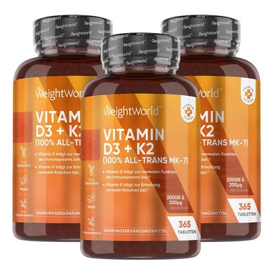 Vitamin D3 K2 2000 IE - 2 Jahr Vorrat - 365 Tabletten mit Vit K2 - 3 Flaschen