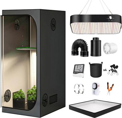 Zrbddef Growzelt 100x100x200 cm mit Abluft & Kohlefilter Komplettset LED Leuchte