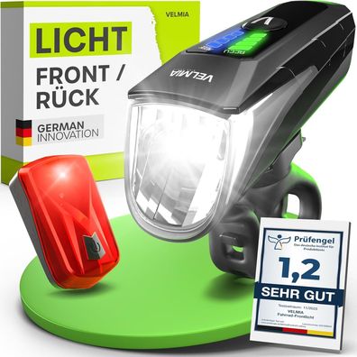 VELMIA StVZO Fahrradlicht Set | USB Akku | 8,5h Leuchtdauer | LED & Regenfest