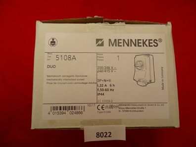 Mennekes Wanddose Duo TYPE 5108a 32A-6h 3P+N+ IP44 50/60HZ 200/346V 240/415V