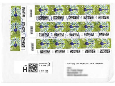 Deutschland, Großbrief frankiert 18 x MiNr. 3843, v. 31.12.24 Letzttag Prio (E)