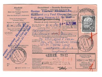 Bund, MiNr. 189 Heuss (I) auf Auslandspostanweisung nach London, 29.12.54
