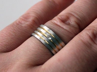 Modeschmuck Ring Edelstahl Farbe bicolor Dicke 8mm Ehering Stein Gr. 17-21 #079