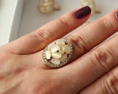 NEU Modeschmuck Cocktail Ring mit Cateye Steinen Imitat rosegold Gr. 17 18 19 20