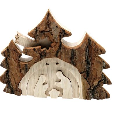 3D Weihnachtskrippe: 3D Weihnachtskrippe aus Holz mit Rindenakzent, 18x14cm