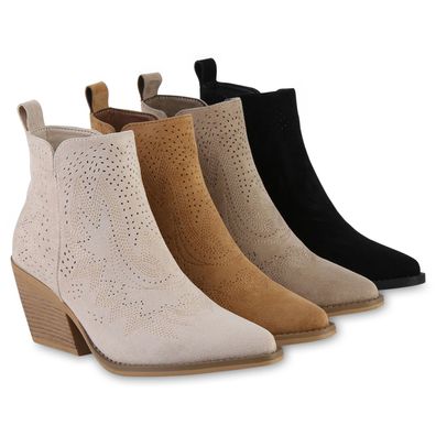 VAN HILL Damen Cowboy Boots Stiefeletten Spitze Stickereien Cut-Outs Schuhe 841509