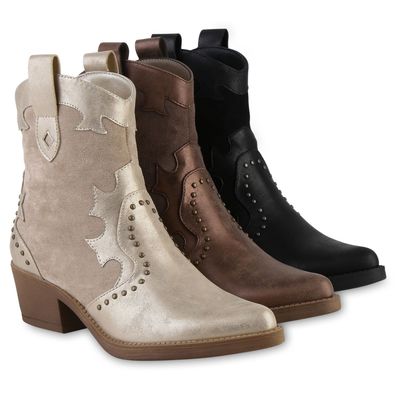 VAN HILL Damen Cowboy Boots Stiefeletten Trichterabsatz Nieten Schuhe 841510