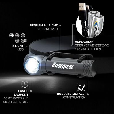 Energizer Hybrid Power Headlamp / Taschenlampe Aluminium 1000 echte Lumen 5 Mode