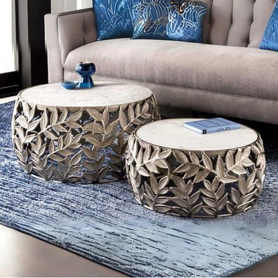 Extravagantes Couchtisch-Set RIXOS-Leaf ca.70cm Metall silber Marmor Handarbeit